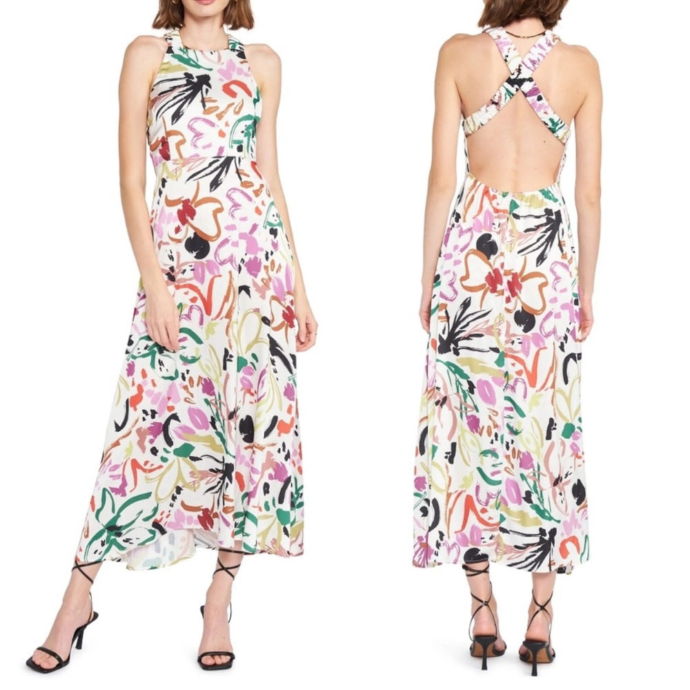 NWT En Saison Abstract Brushstroke Print Hazel Halter Scrunch Strap Midi Dress L
